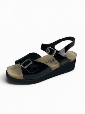 MEPHISTO BLACK PATENT LEATHER BUCKLE CORK FOAM WEDGE SANDALS